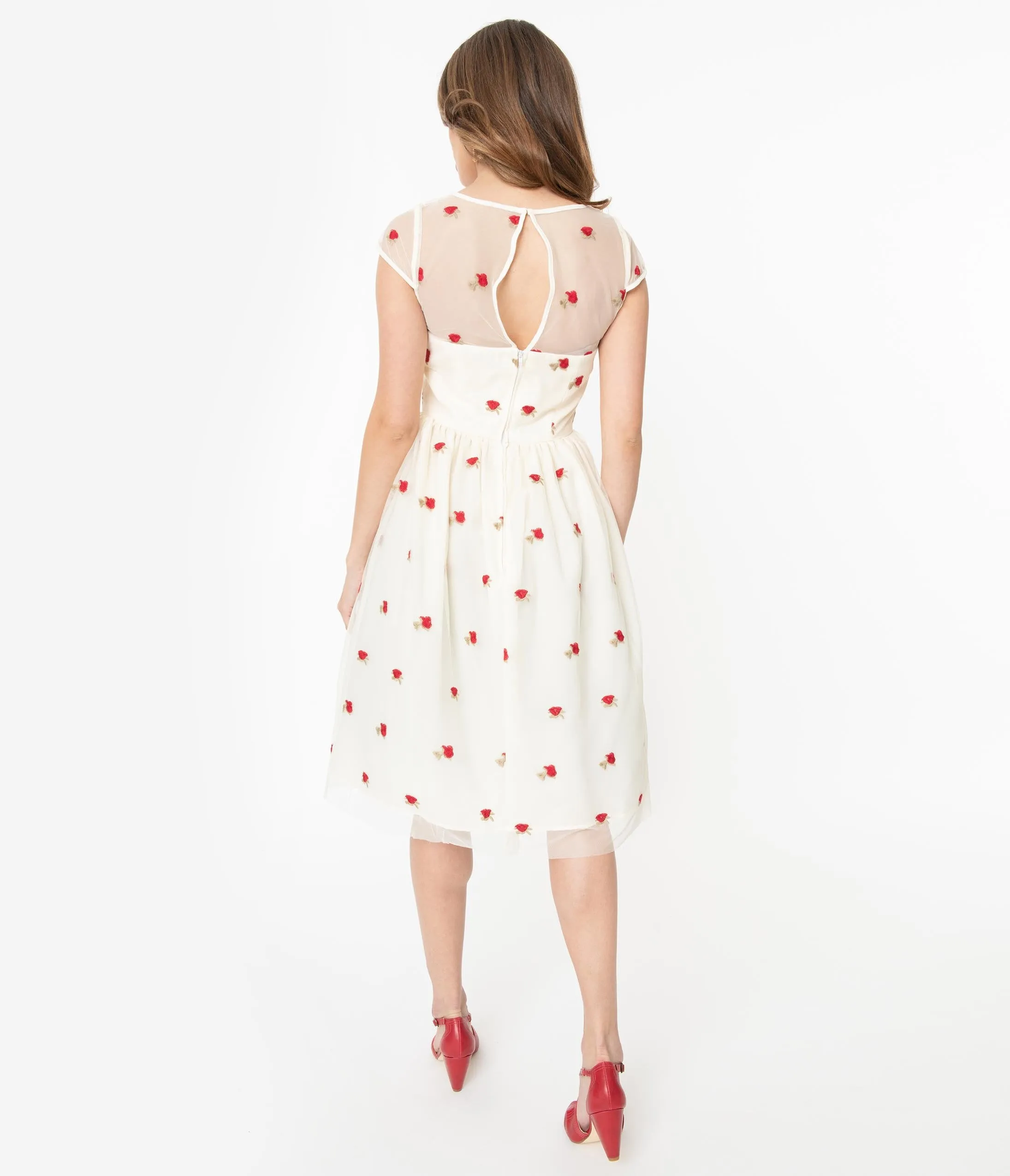 1950s Cream & Red Rose Floral Melissa Swing Dress