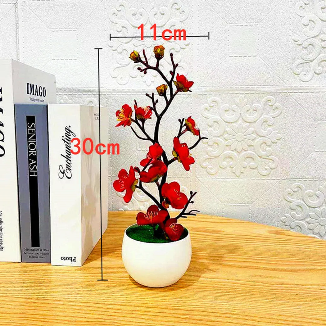 1pc Bonsai Silk Flowers Plum Artificial Potted Plants Blossoms Simulation Winter Plum Branch Bonsai Wedding Home Room Decorate