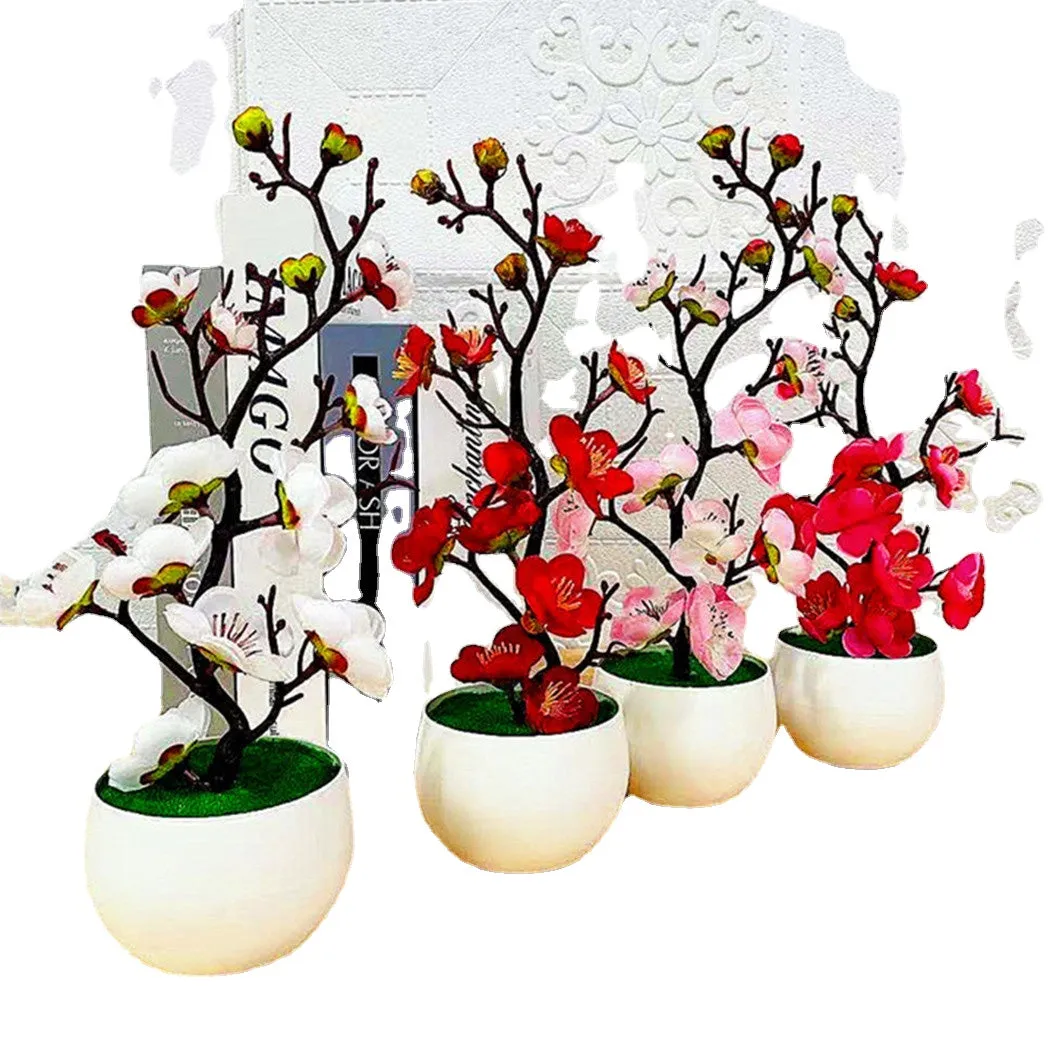 1pc Bonsai Silk Flowers Plum Artificial Potted Plants Blossoms Simulation Winter Plum Branch Bonsai Wedding Home Room Decorate