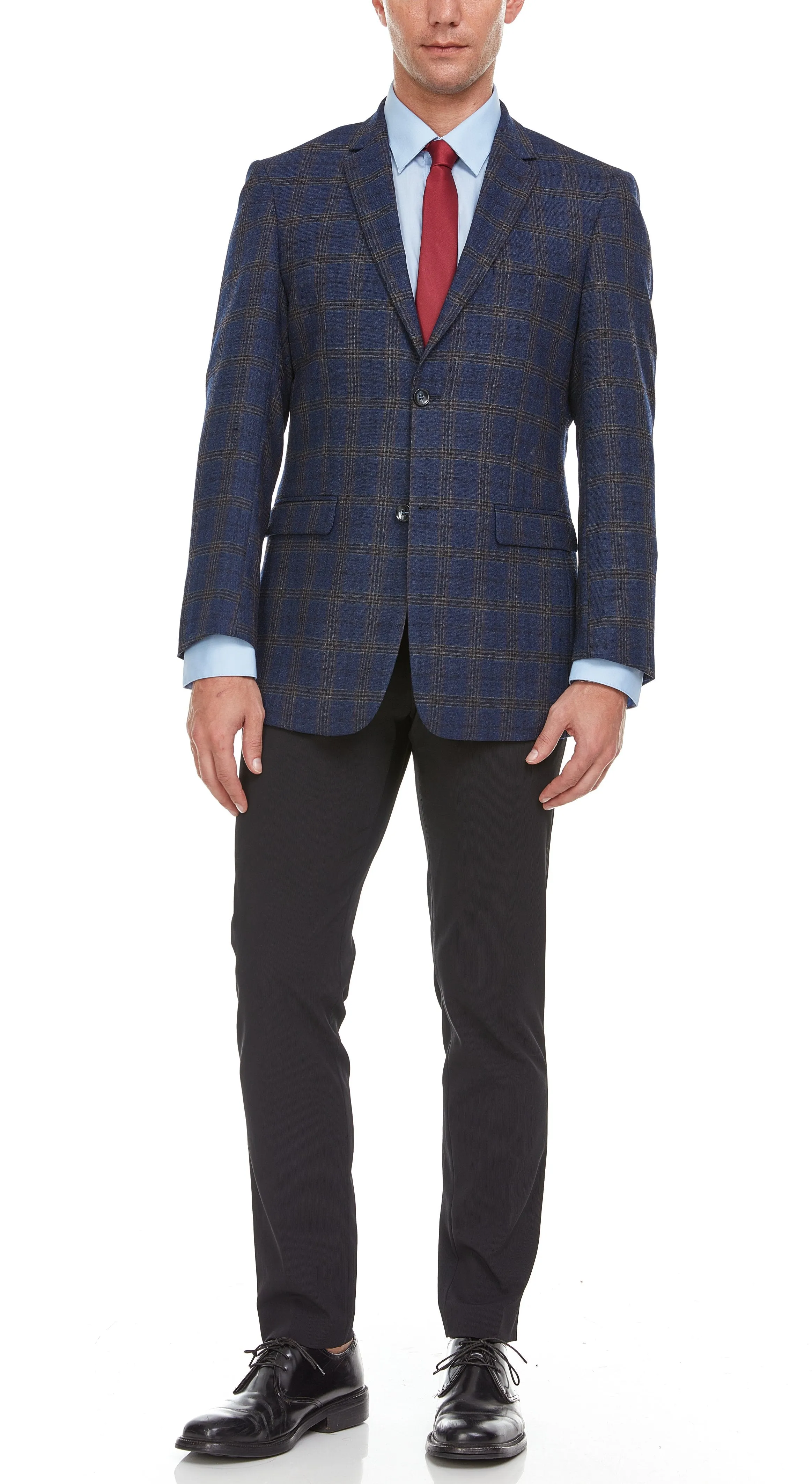 Adam Baker Men's Single Breasted 100% Wool Ultra Slim Fit Blazer/Sport Coat - Navy Heather Plaid