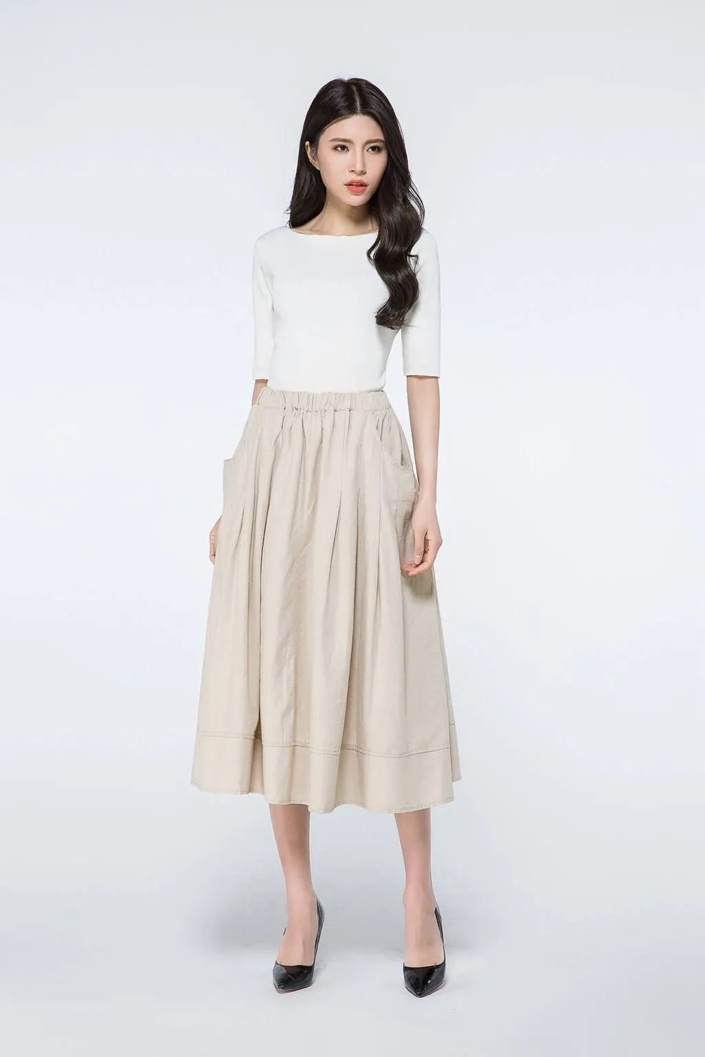 Beige Linen skirt, linen midi skirt, elastic waist skirt, linen skirt with pockets, womens summer linen skirt, beige skirt, midi skirt C1066