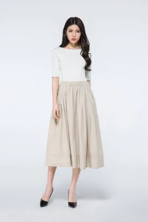 Beige Linen skirt, linen midi skirt, elastic waist skirt, linen skirt with pockets, womens summer linen skirt, beige skirt, midi skirt C1066