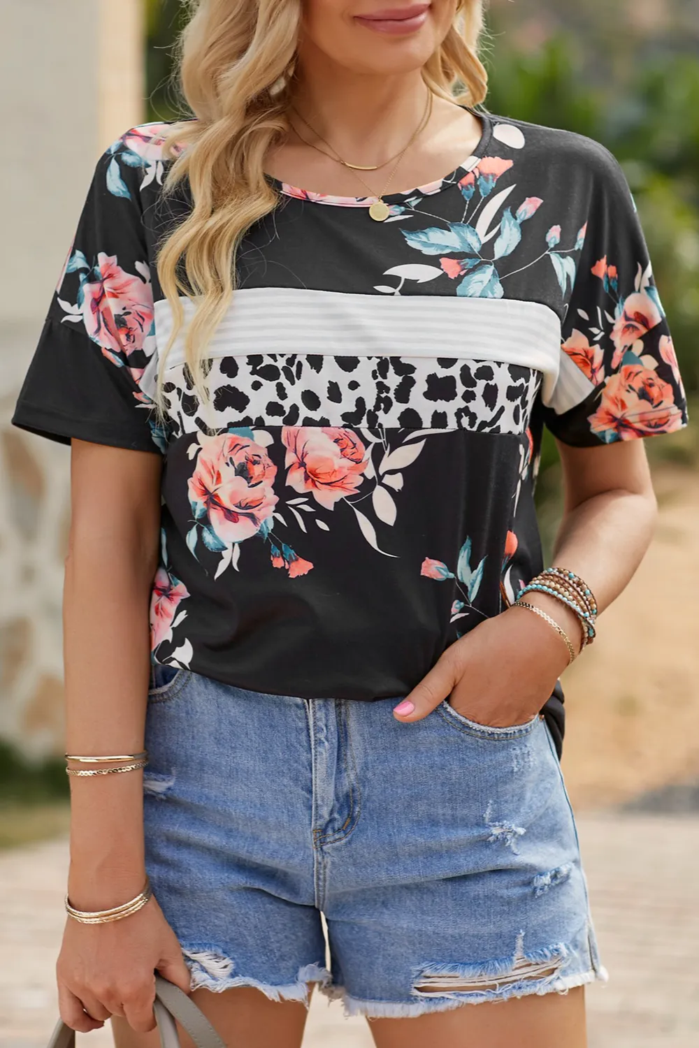 Black leopard striped floral t-shirt