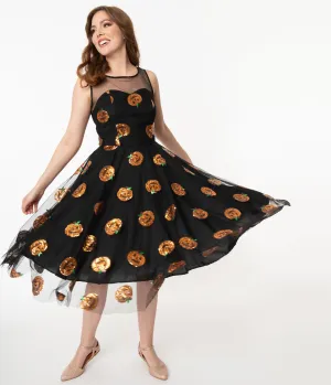 Black Mesh & Orange Sequin Pumpkins Vanity Swing Dress