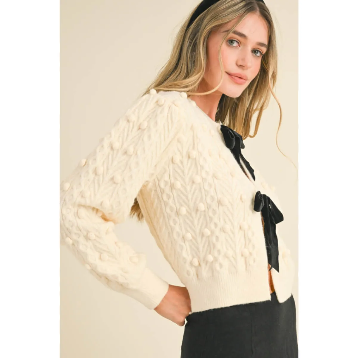 Bow-Front Cable Knit Cardigan