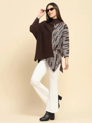 Brown Poly Blend Knit Print Relaxed Fit Pullover