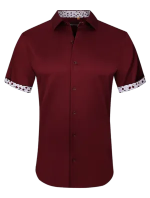 Burgundy men's short sleeve shirts stretch material paisley cuff on the sleeves