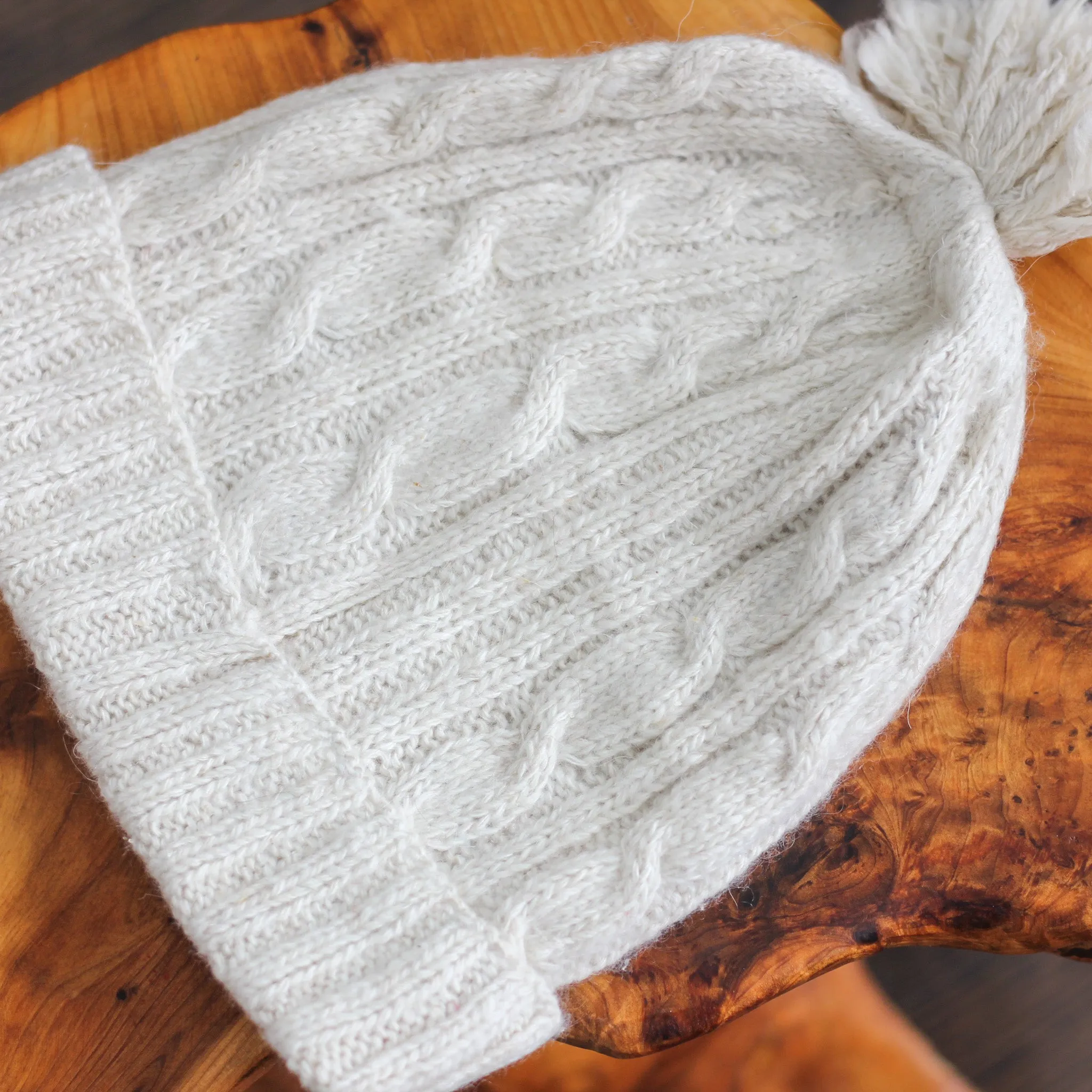 Cashmere Cable Hat with Pom Pom - 100% Pashmina Cashmere from Ladakh Himalayas | Cream