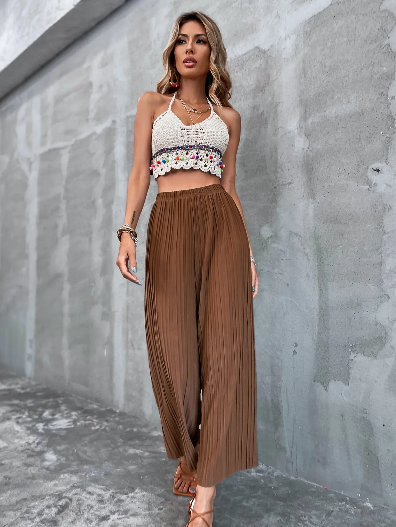 Casual Plain Pleated High Waist Long Women Pants