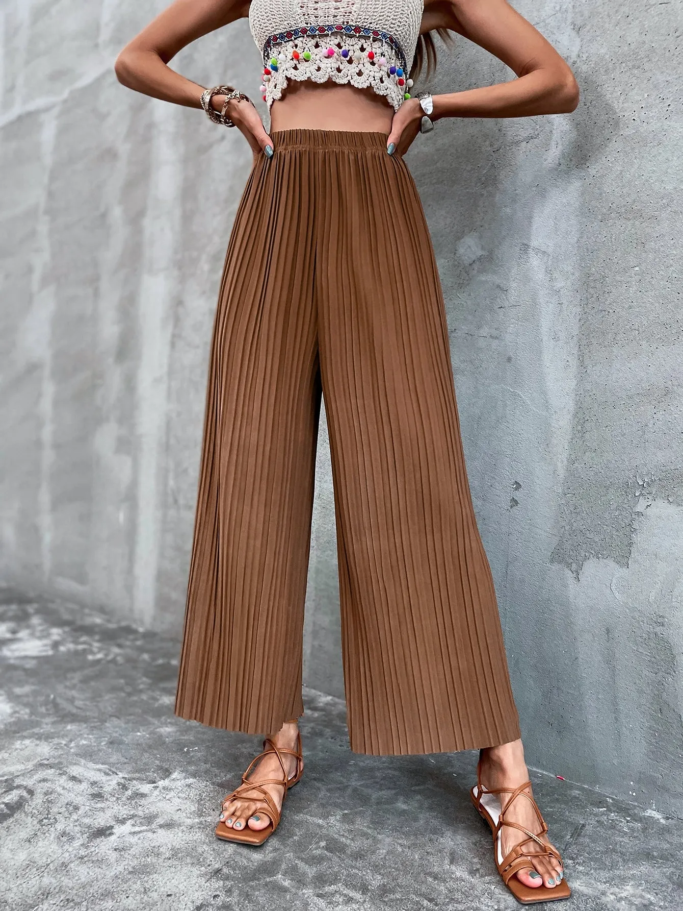 Casual Plain Pleated High Waist Long Women Pants