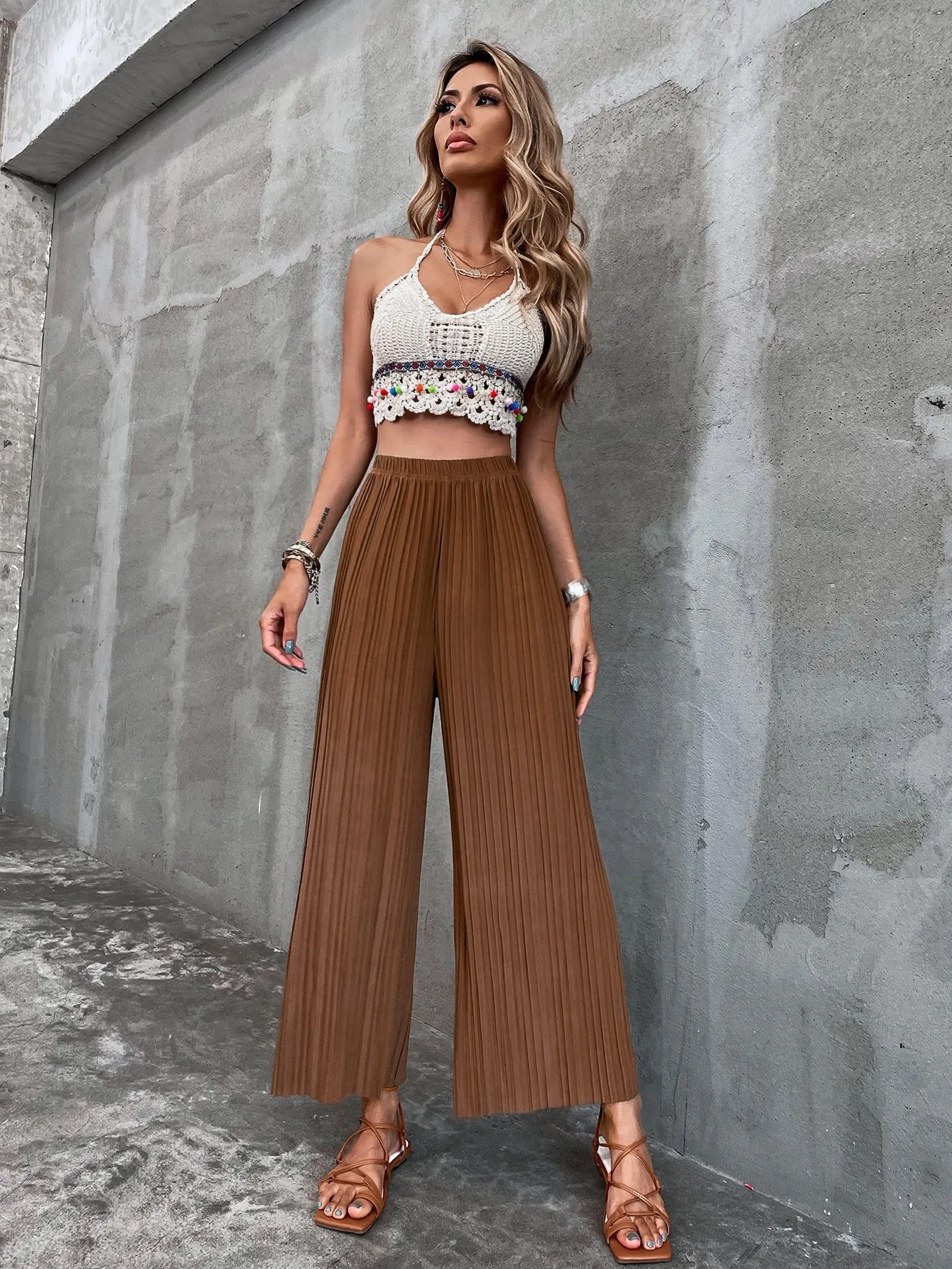 Casual Plain Pleated High Waist Long Women Pants