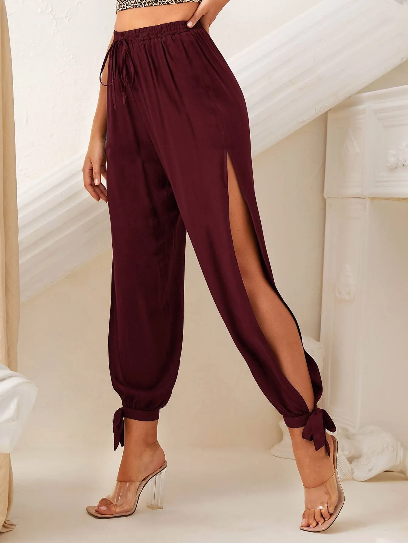 Casual Plain Split Thigh High Waist Cropped Women Pants