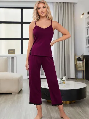 Chic Lace-Accented V-Neck Cami and Trouser Sleep Set