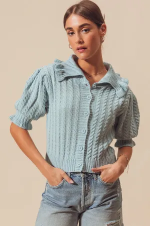 Collared Cable Knit Puff Sleeve Cardigan