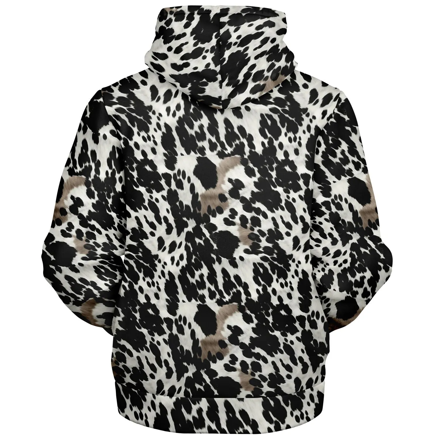 Cow Print Zip Up Fleece Lined Hoodie, Black White Brown Heavyweight Full Zipper Pocket Men Women Unisex Graphic Hooded Sweatshirt Jacket