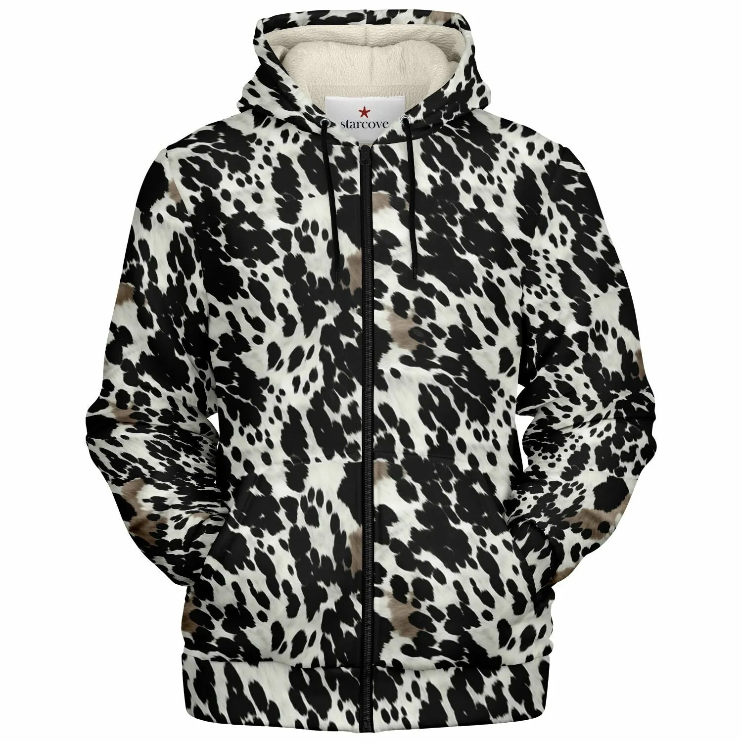 Cow Print Zip Up Fleece Lined Hoodie, Black White Brown Heavyweight Full Zipper Pocket Men Women Unisex Graphic Hooded Sweatshirt Jacket