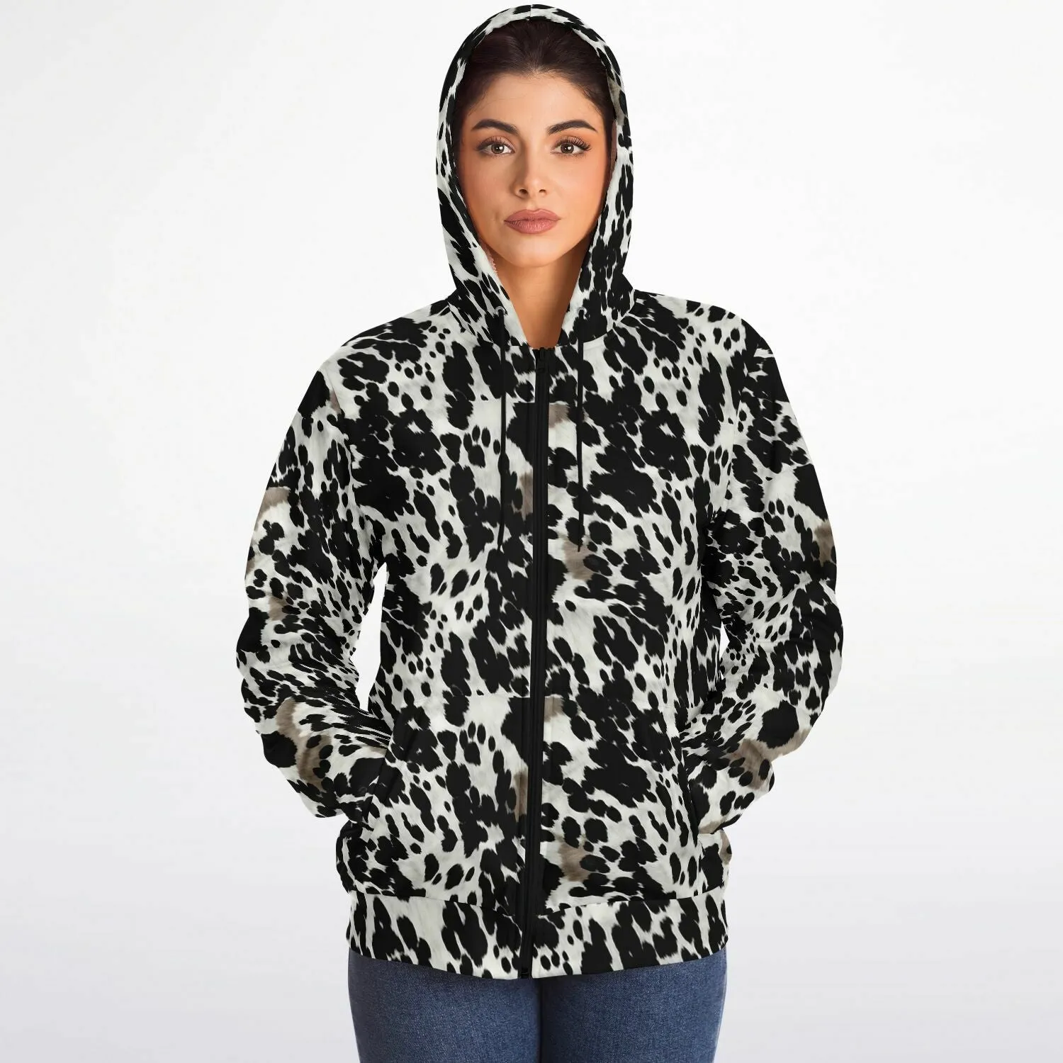 Cow Print Zip Up Fleece Lined Hoodie, Black White Brown Heavyweight Full Zipper Pocket Men Women Unisex Graphic Hooded Sweatshirt Jacket