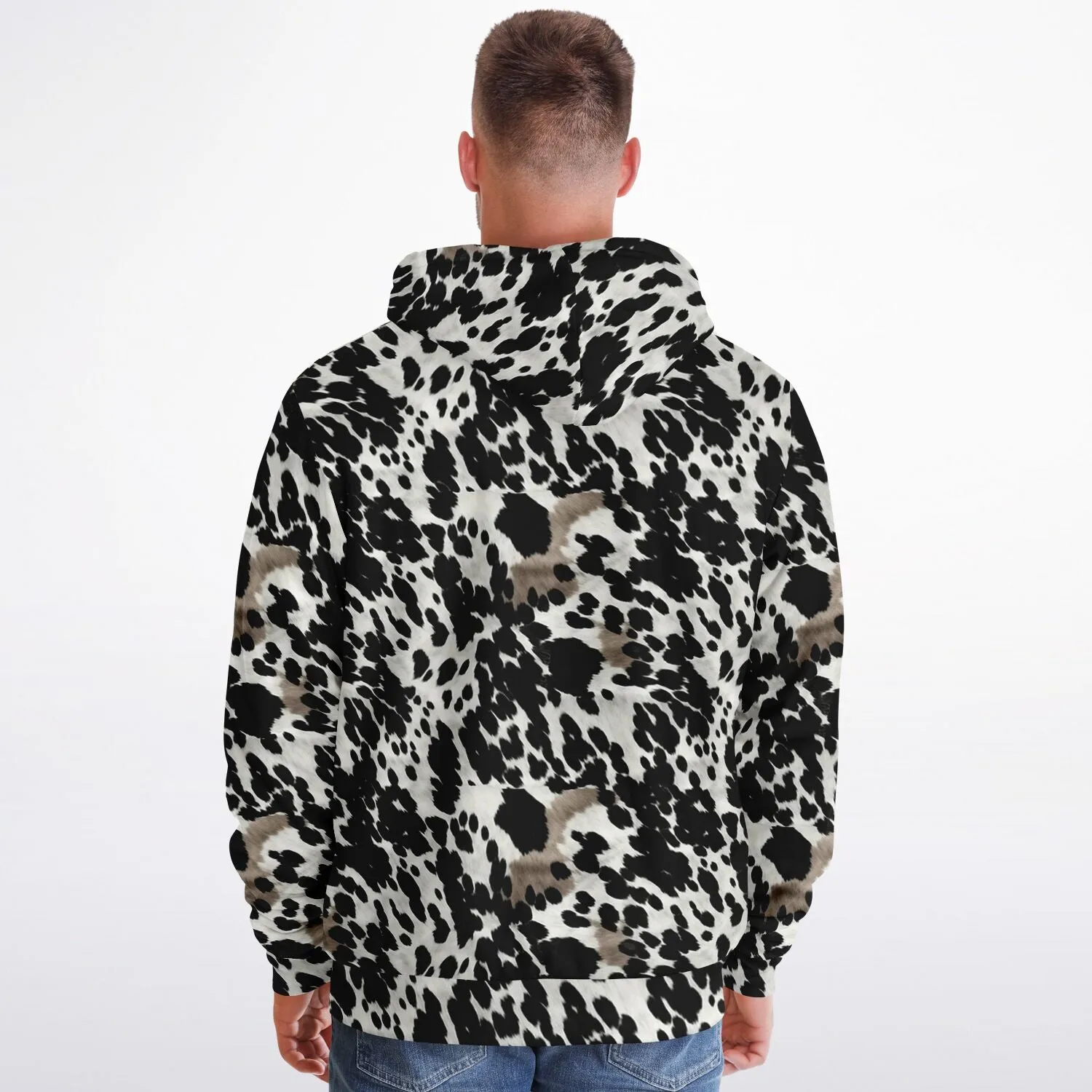 Cow Print Zip Up Fleece Lined Hoodie, Black White Brown Heavyweight Full Zipper Pocket Men Women Unisex Graphic Hooded Sweatshirt Jacket