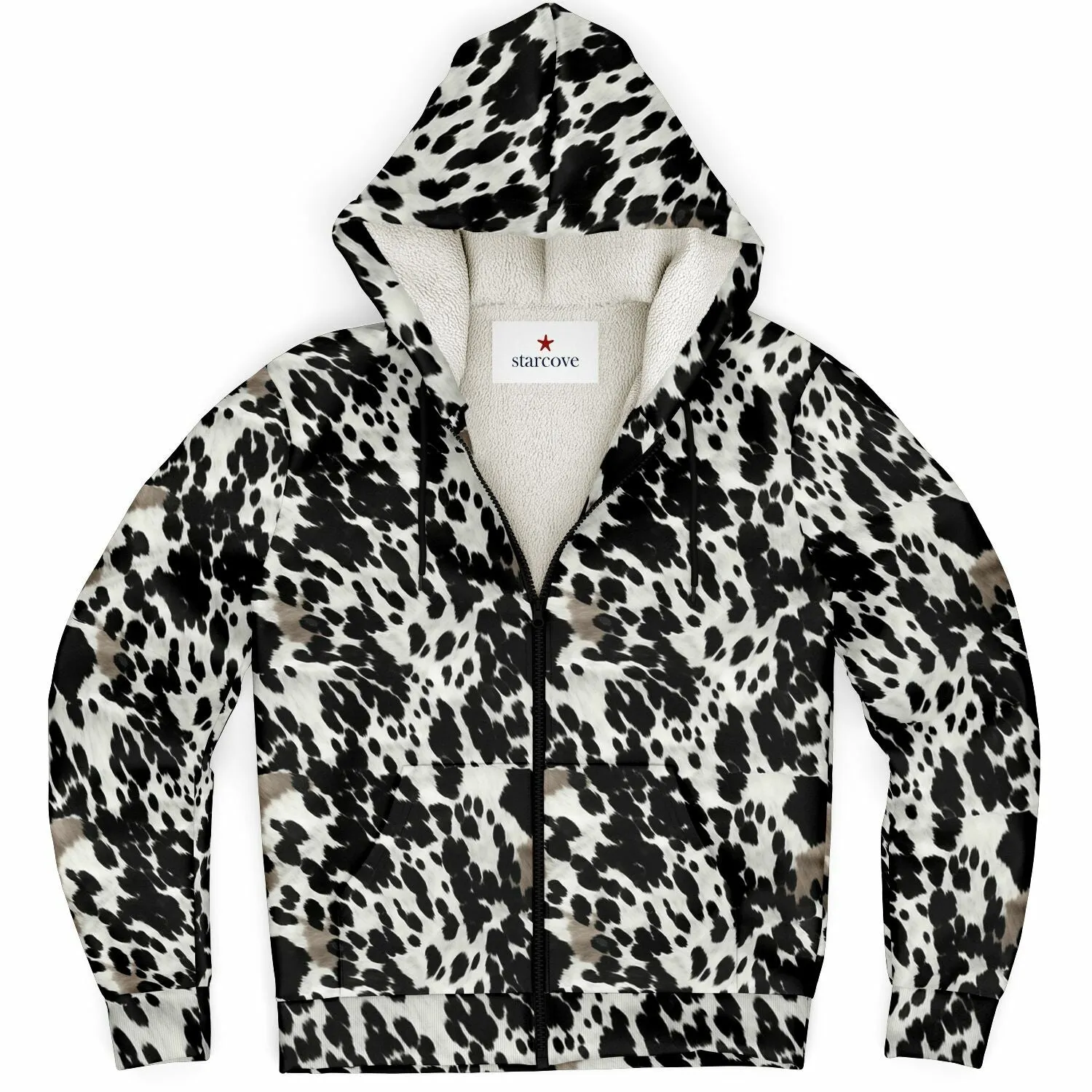 Cow Print Zip Up Fleece Lined Hoodie, Black White Brown Heavyweight Full Zipper Pocket Men Women Unisex Graphic Hooded Sweatshirt Jacket