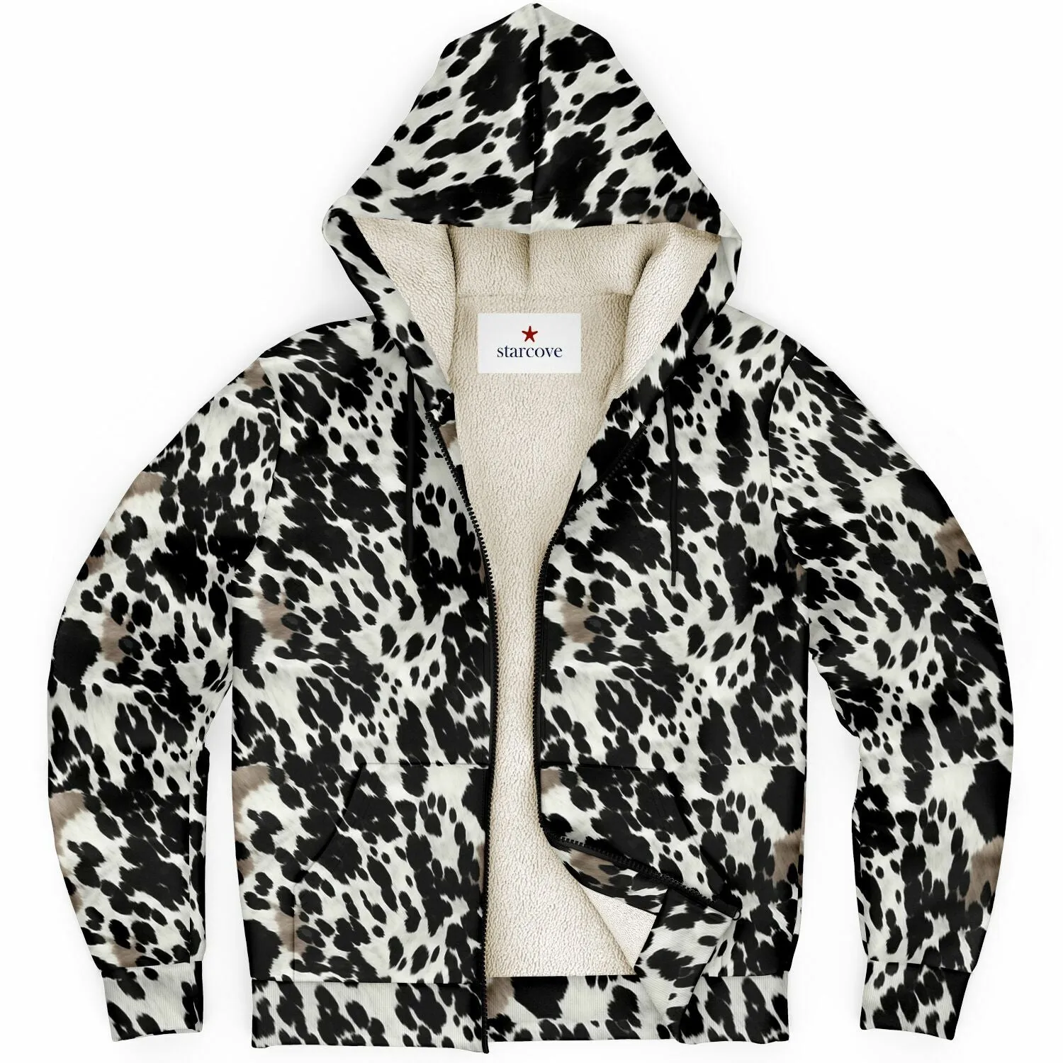 Cow Print Zip Up Fleece Lined Hoodie, Black White Brown Heavyweight Full Zipper Pocket Men Women Unisex Graphic Hooded Sweatshirt Jacket