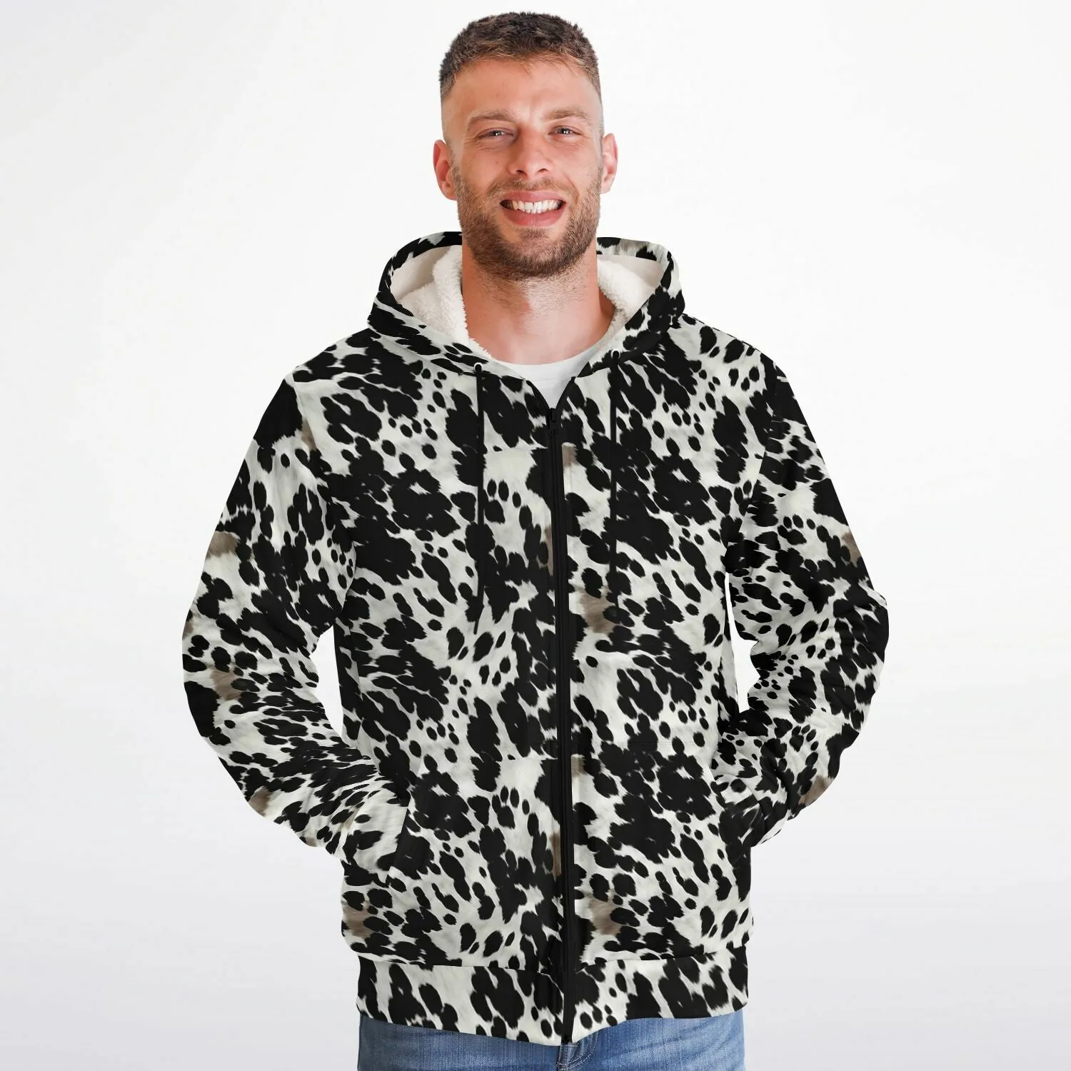 Cow Print Zip Up Fleece Lined Hoodie, Black White Brown Heavyweight Full Zipper Pocket Men Women Unisex Graphic Hooded Sweatshirt Jacket