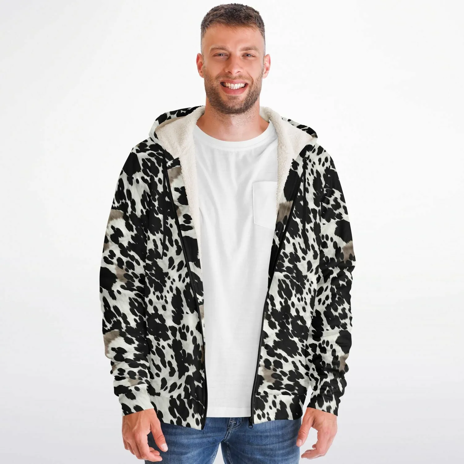 Cow Print Zip Up Fleece Lined Hoodie, Black White Brown Heavyweight Full Zipper Pocket Men Women Unisex Graphic Hooded Sweatshirt Jacket