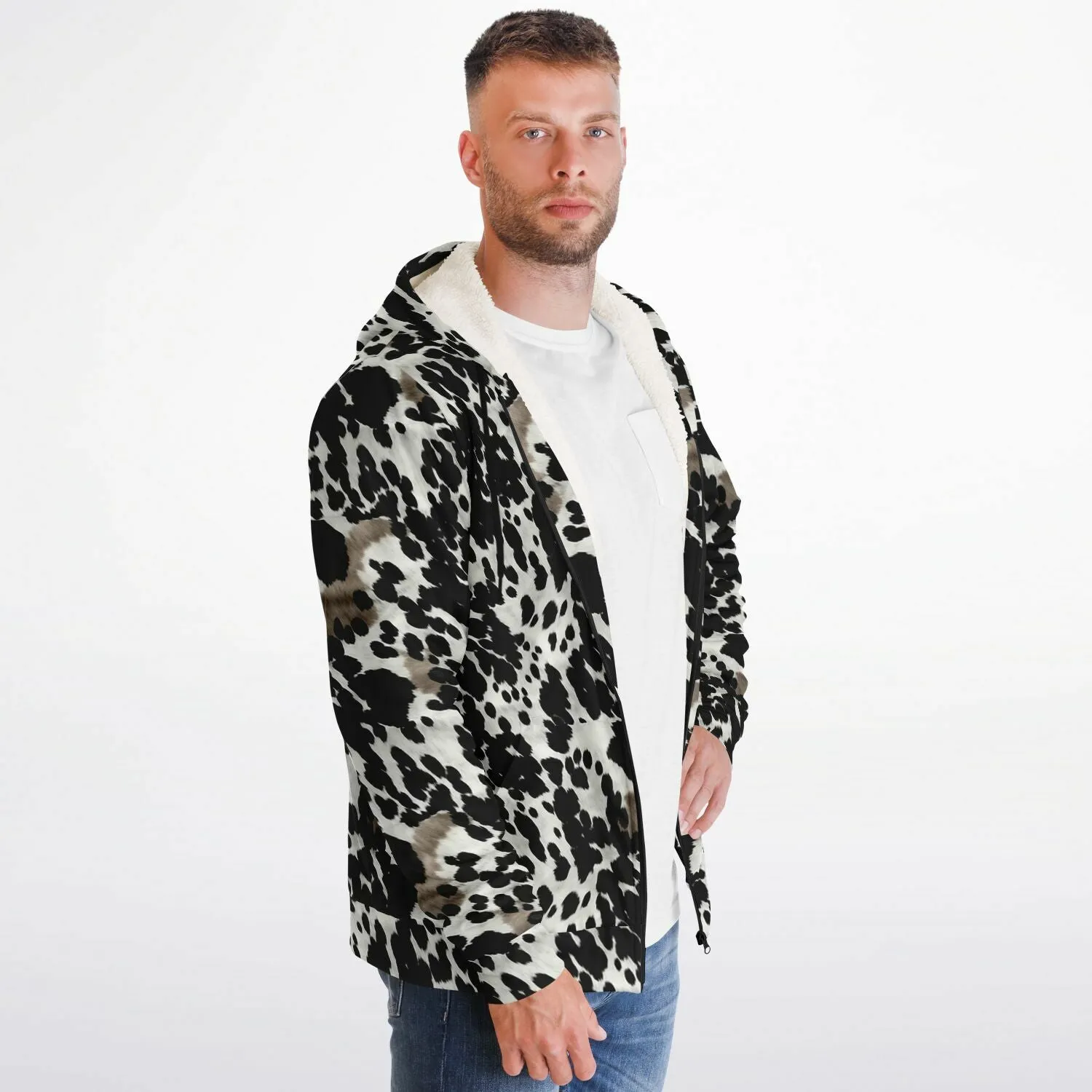 Cow Print Zip Up Fleece Lined Hoodie, Black White Brown Heavyweight Full Zipper Pocket Men Women Unisex Graphic Hooded Sweatshirt Jacket