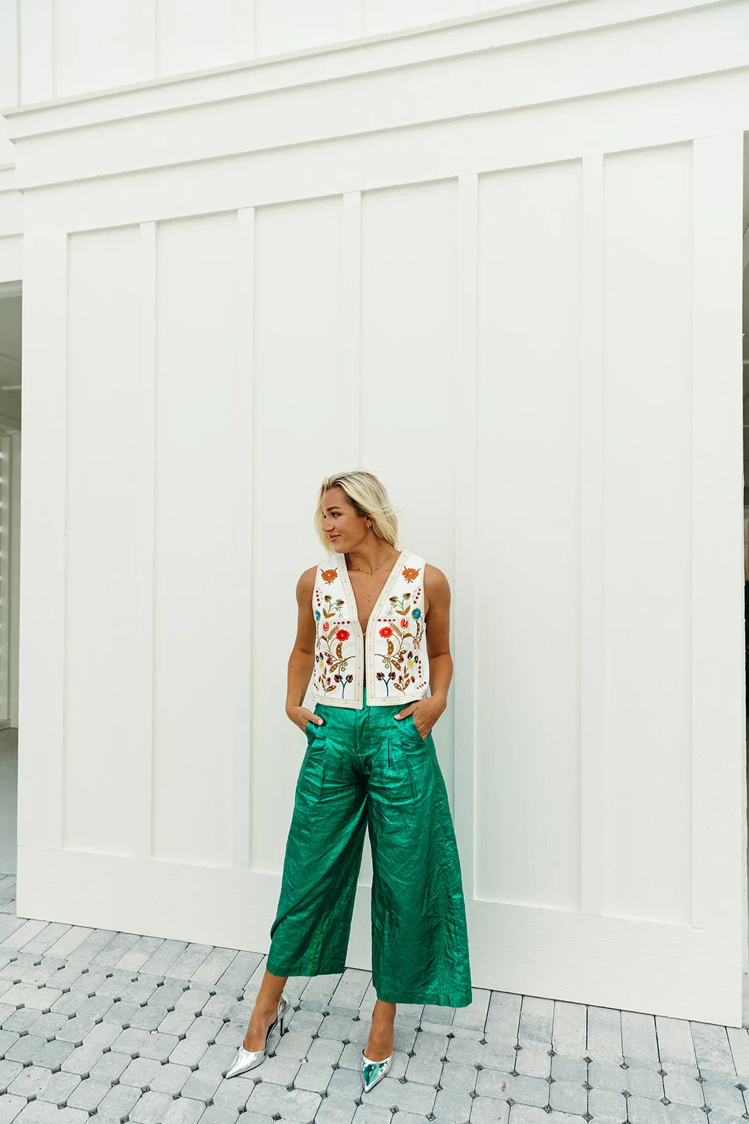 Culotte Linen Pants - Metallic Emerald Green