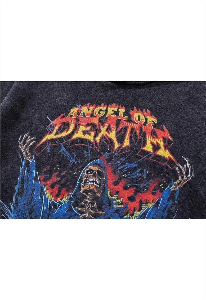 Death print hoodie vintage wash pullover Grim reaper jumper