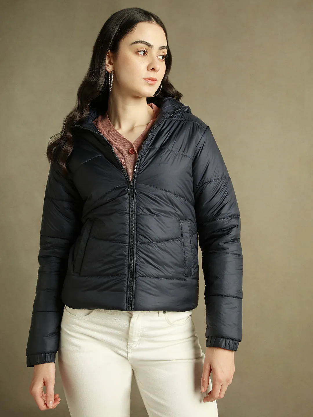 DL Woman Navy Blue Hooded Full Sleeves Puffer Jacket