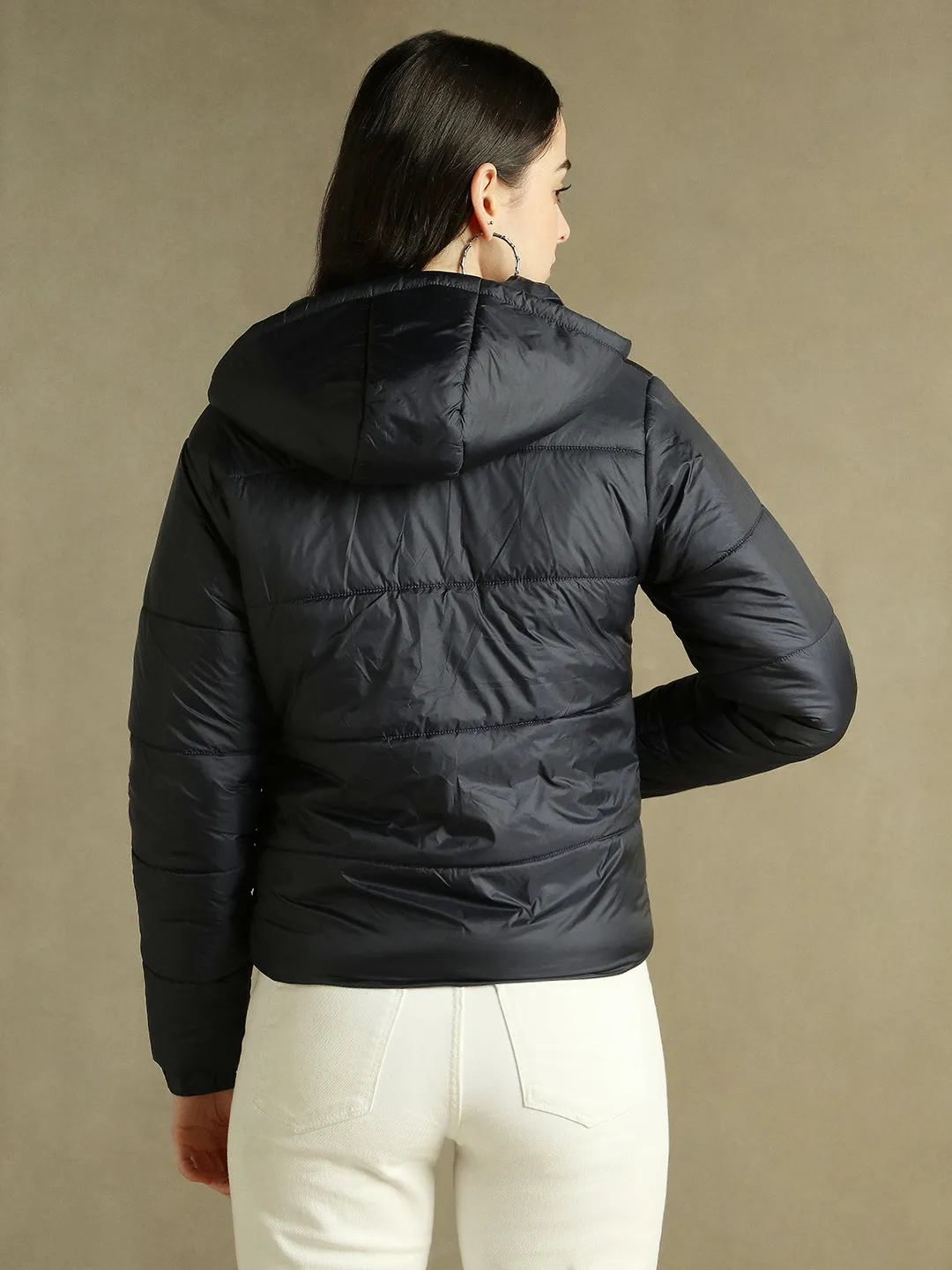 DL Woman Navy Blue Hooded Full Sleeves Puffer Jacket