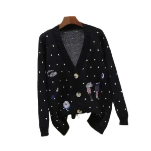 Dot Cartoon Long Sleeve Knit Cardigan