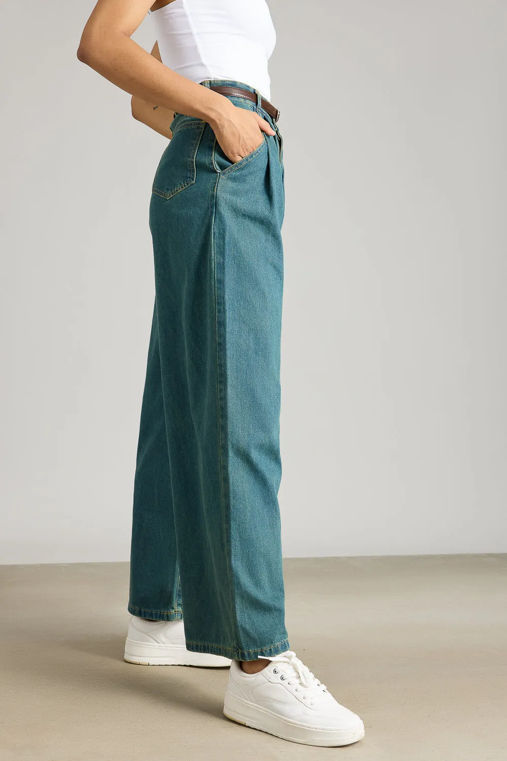 Double Belted Denim Wide Leg Jeans