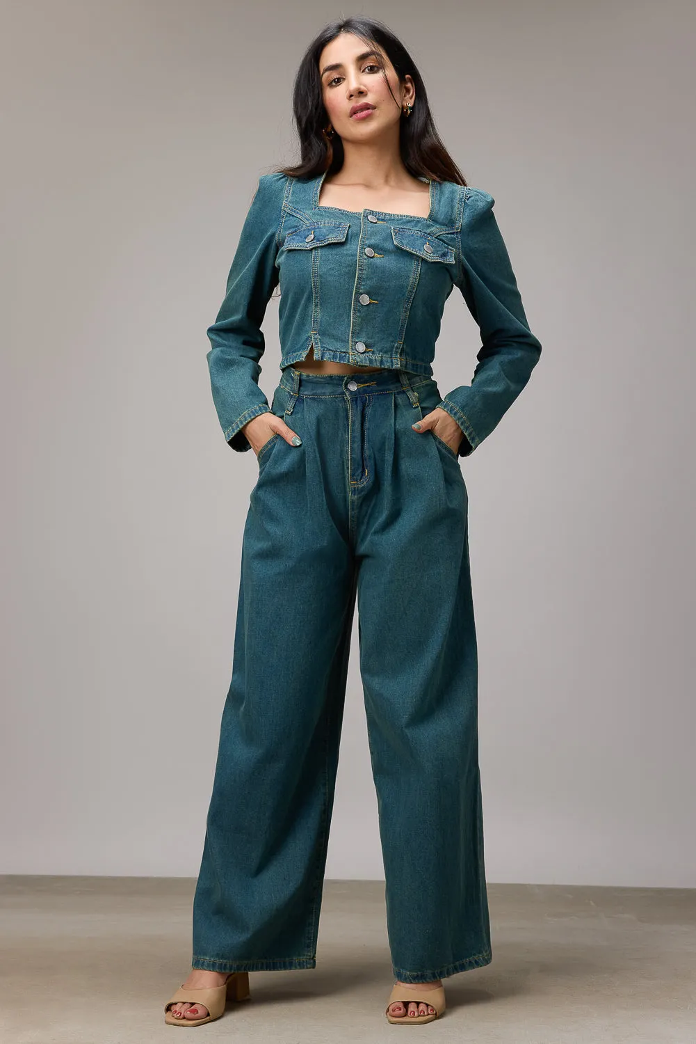 Double Belted Denim Wide Leg Jeans