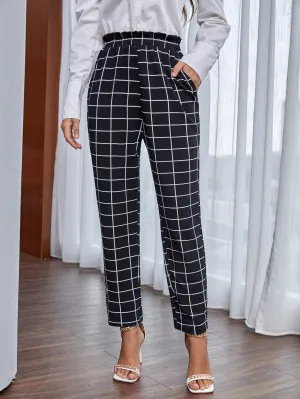 Elegant Plaid Paper Bag Waist Natural Cropped Women Pants