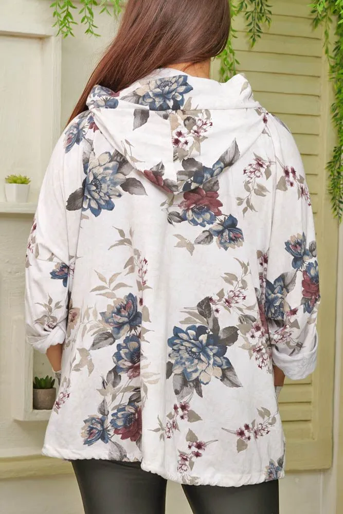 Floral Print Drawstring Hem Zip Up Cotton Hoody