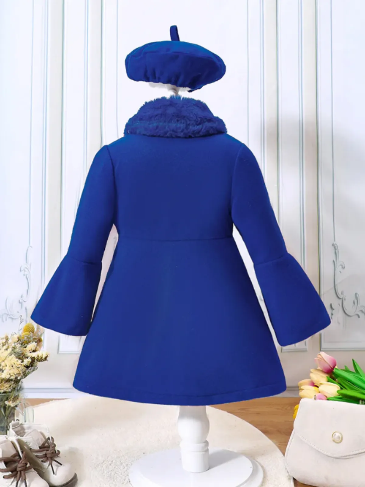 Girls Elegant Winter Coat with Faux Fur Collar and Beret Set