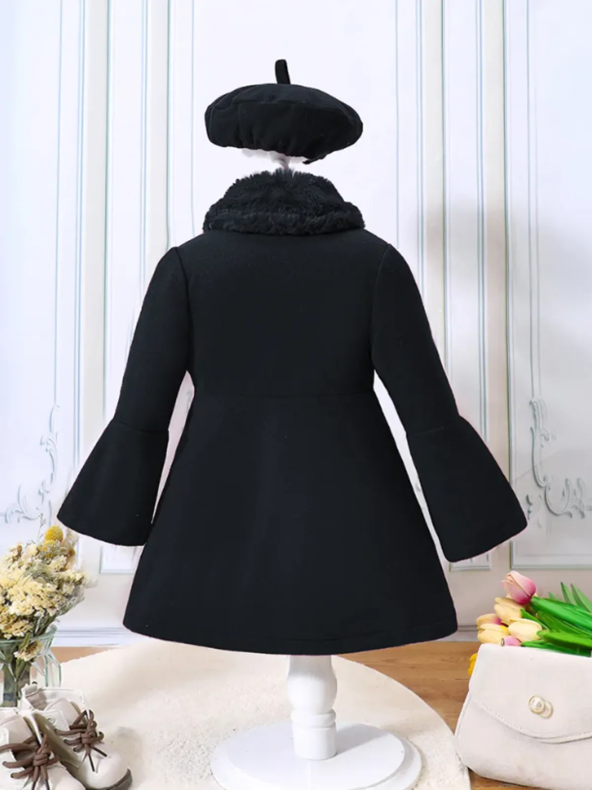 Girls Elegant Winter Coat with Faux Fur Collar and Beret Set