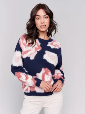 Hairy Yarn Floral Sweater - Navy