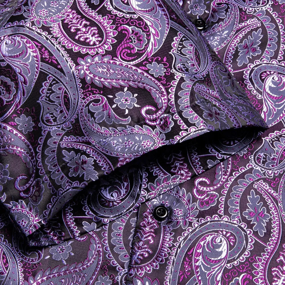 Hi-Tie Dark Purple Top Paisley Jacquard Silk Men's Short Sleeve Shirt