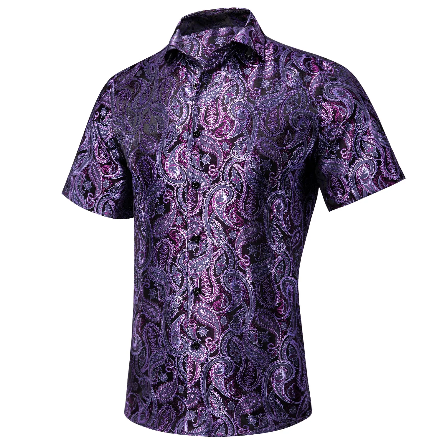 Hi-Tie Dark Purple Top Paisley Jacquard Silk Men's Short Sleeve Shirt