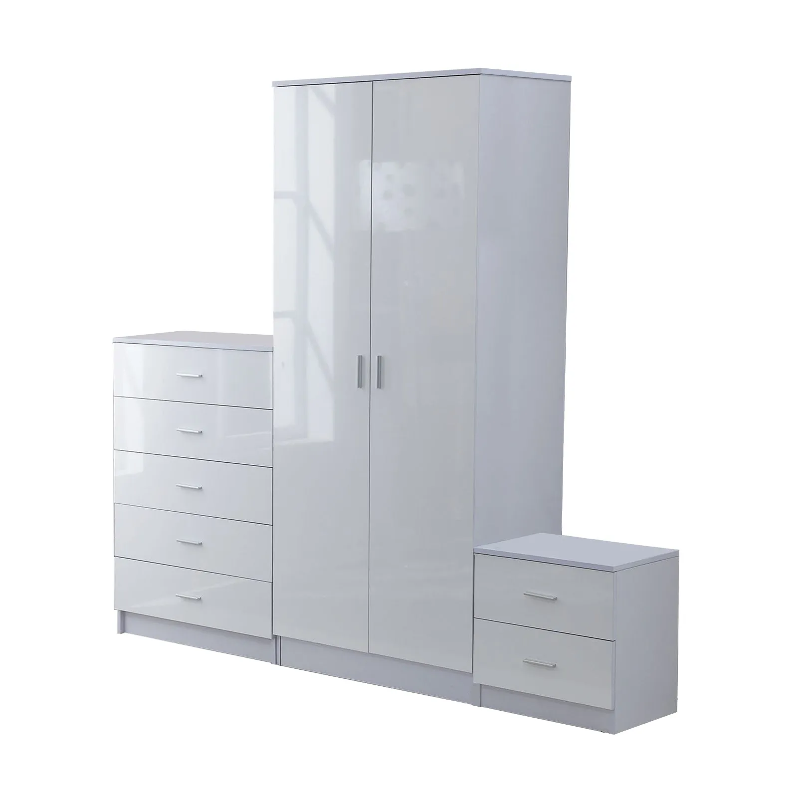 High Gloss 3 Piece Trio Bedroom Furniture Set Wardrobe   Chest Of Drawer   Bedside White