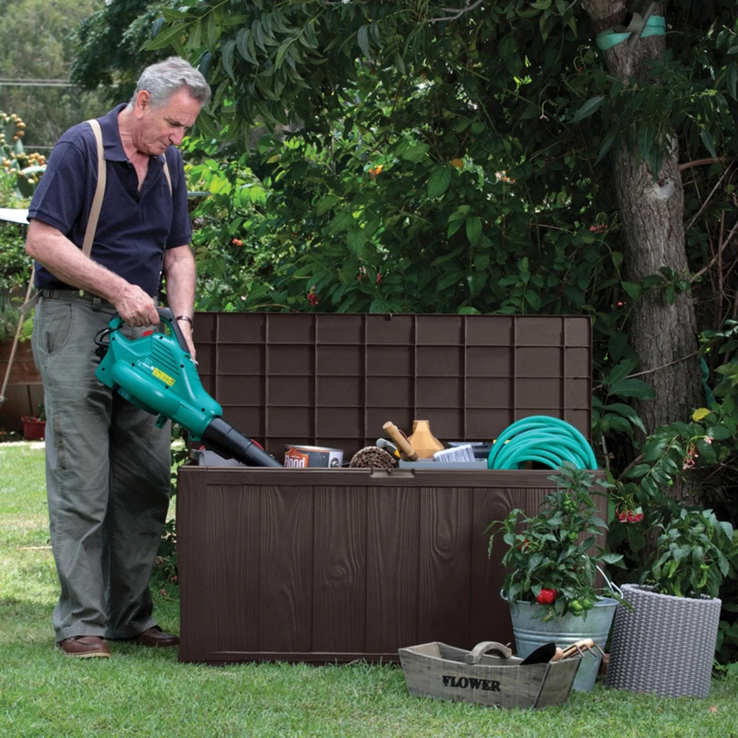 Keter Sherwood 270L Brown Garden Storage Box Deck Chest Sturdy Weatherproof Lockable