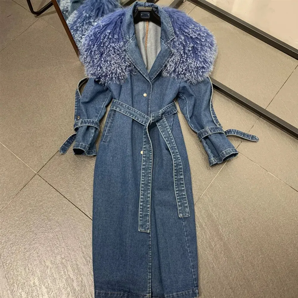 Lady Love Long Fur Collar Denim Coat