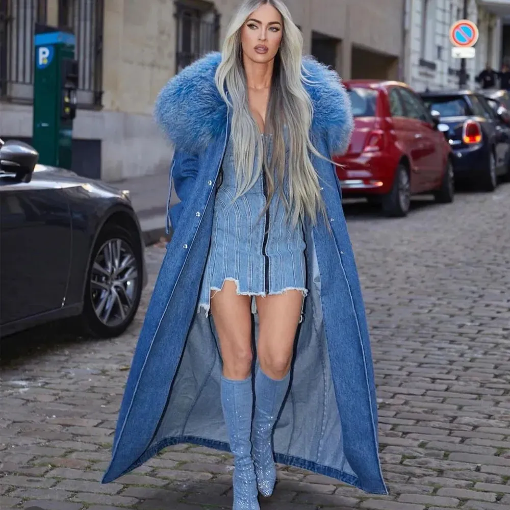 Lady Love Long Fur Collar Denim Coat