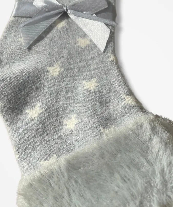 Light Grey/White Star Wool Blend Sock with Faux Fur Cuff