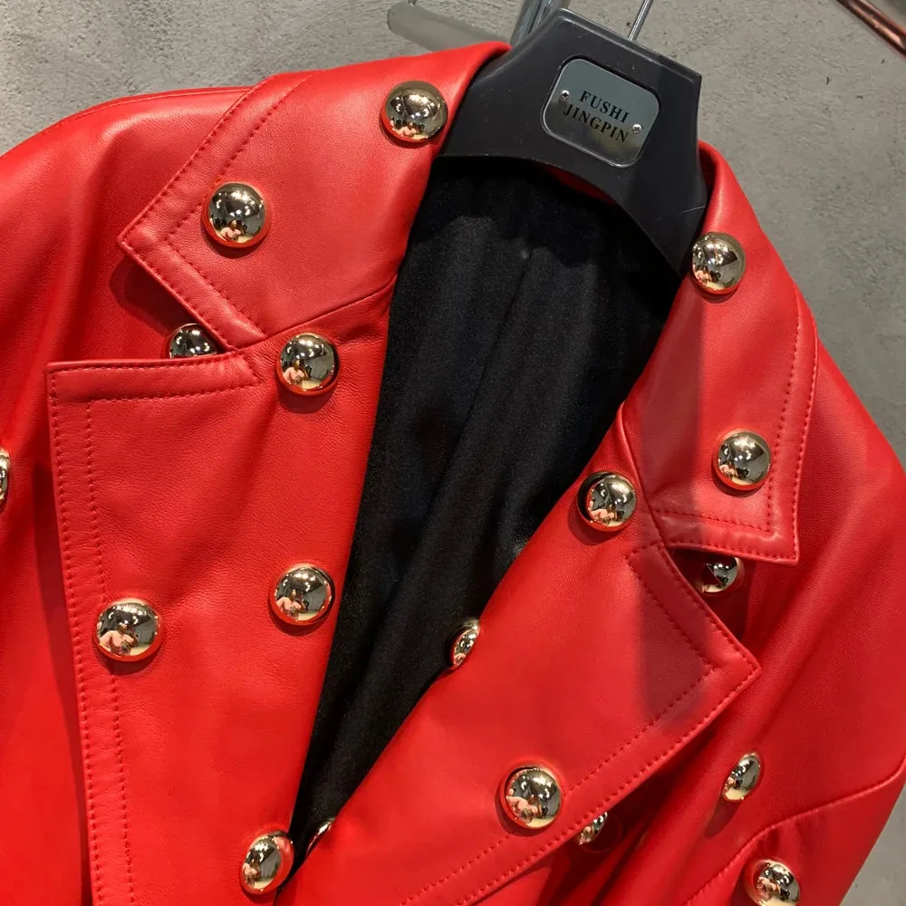 Luxurious Red 100% Leather Trench Coat