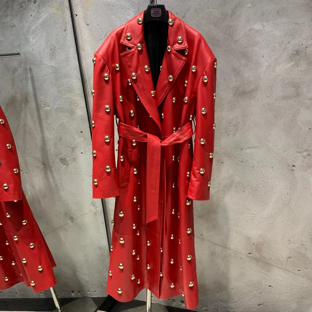 Luxurious Red 100% Leather Trench Coat