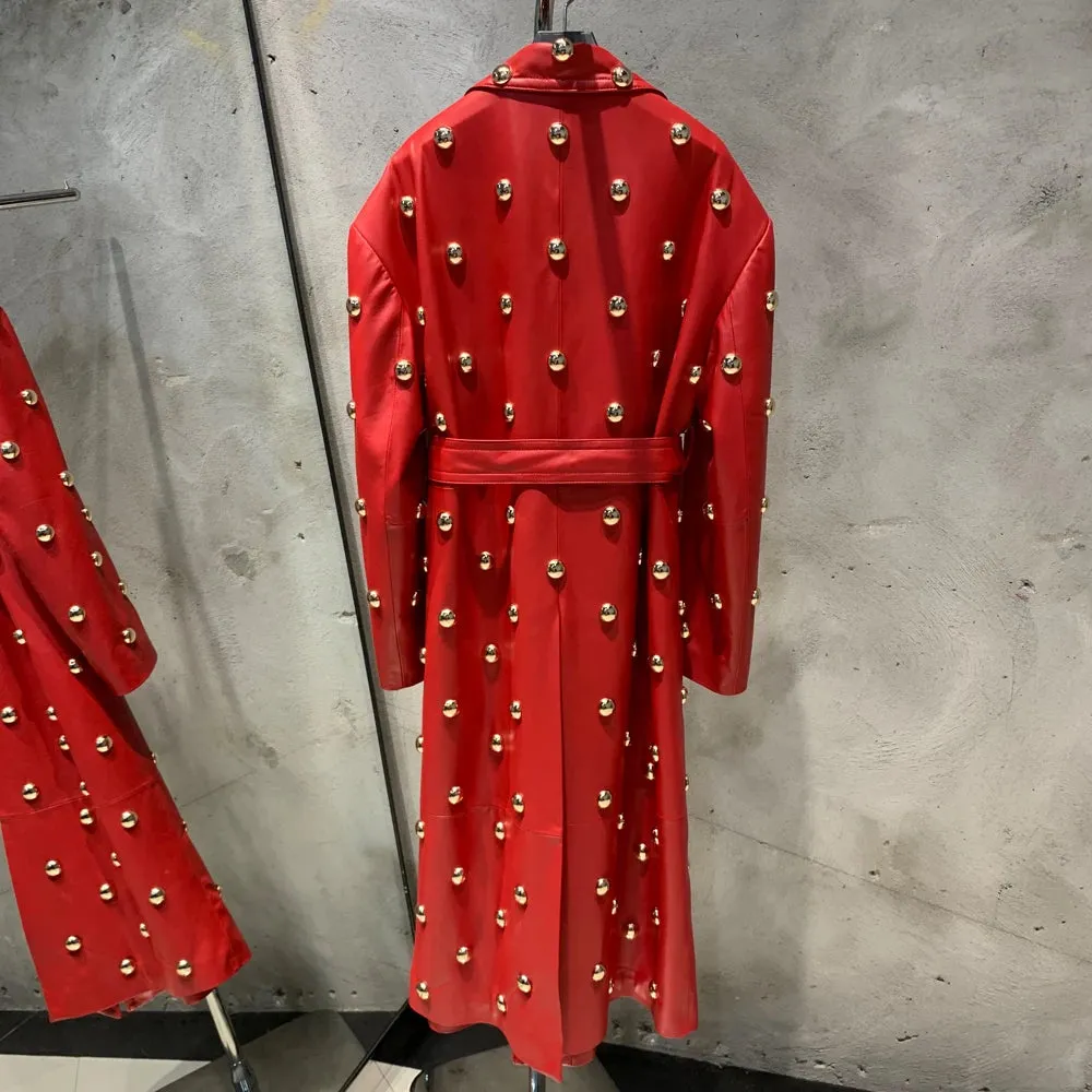 Luxurious Red 100% Leather Trench Coat