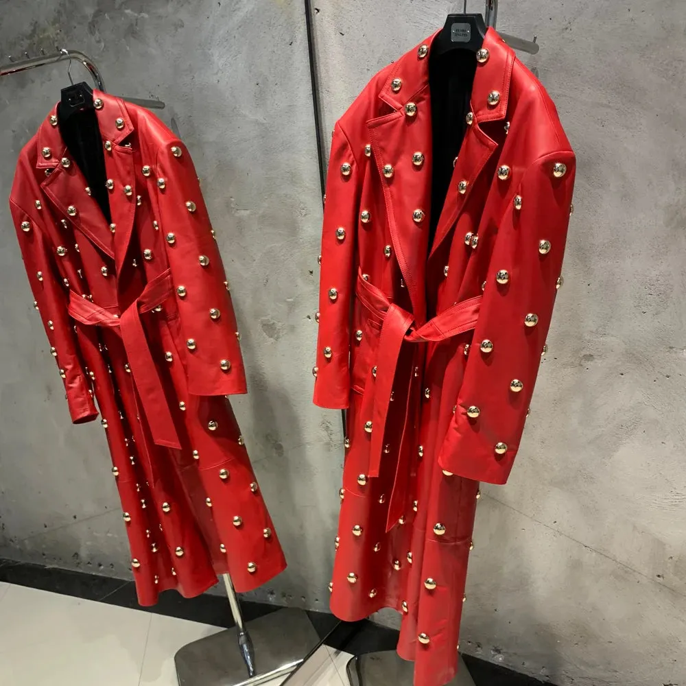 Luxurious Red 100% Leather Trench Coat